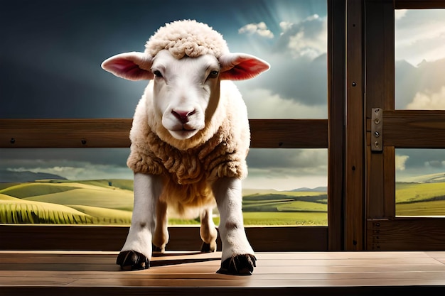 Овца стоит на деревянной платформе перед полем, сквозь облака которого светит солнце.