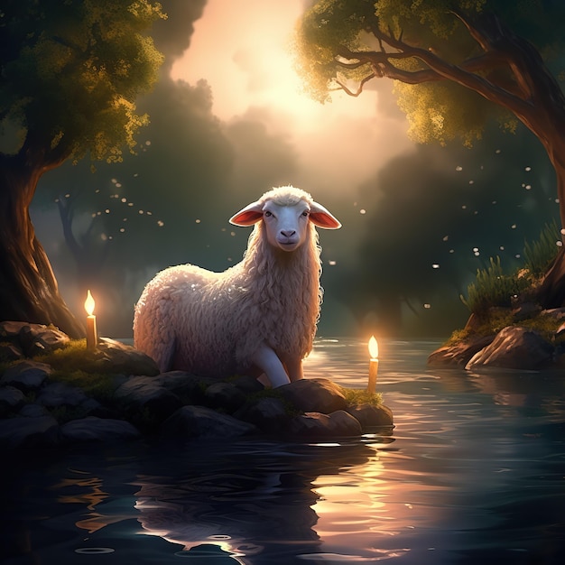 a sheep that is sitting on a rock by the water