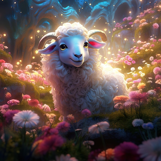 a sheep that is standing in a field of flowers