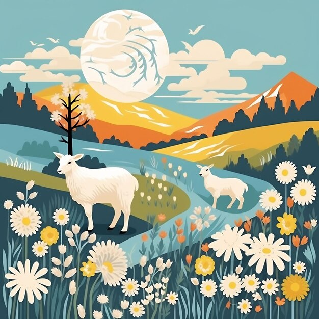 a sheep and a tree are in a field with flowers