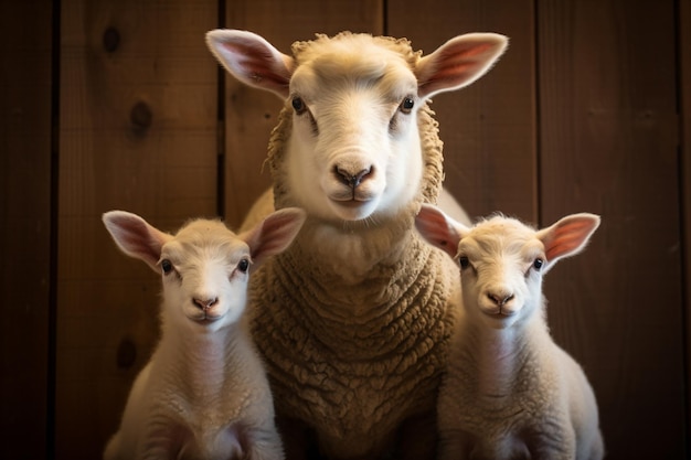 A sheep and two lambs standing in front of a wooden wall