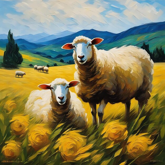 Sheep van gogh style digital painting printable poster quality