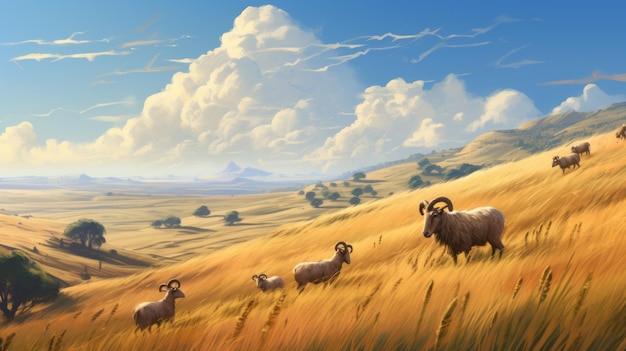 Овцы, идущие по ландшафту Пространственное концептуальное искусство с прерийными вибрациями