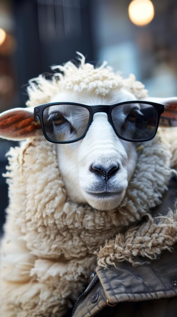 Sheep wearing glasses in a shop closeup portrait