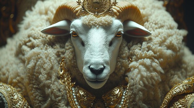 Photo sheep wearing golden jewelry