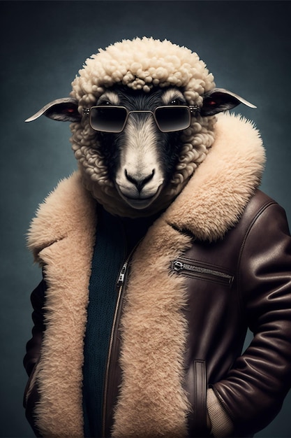 A sheep wearing a jacket and sunglasses