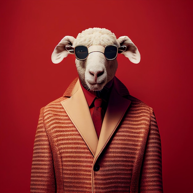 A sheep wearing a suit and glasses is standing in front of a red background.