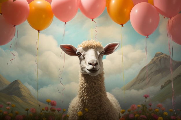 a sheep with balloons and clouds in the background for poster of Eid Al Adha