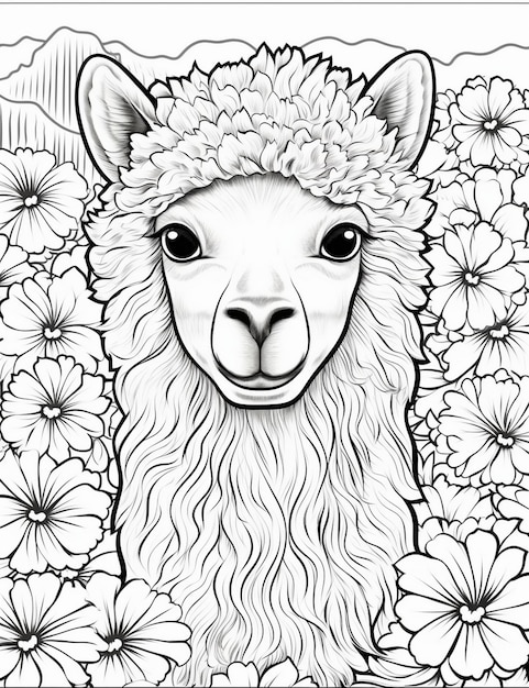 a sheep with a black face and flowers in the middle.