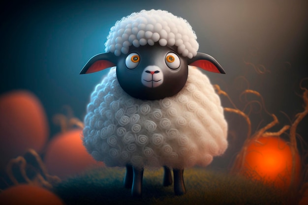 A sheep with a black face stands in front of a glowing pumpkin.