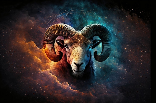 A sheep with a blue and orange background