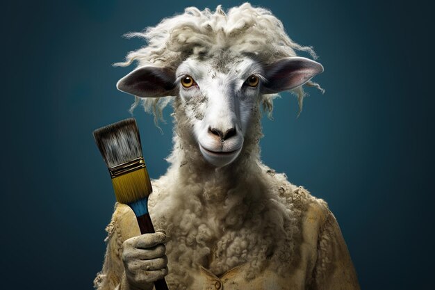 a sheep with a brush in its hand and a picture of a sheep in the background