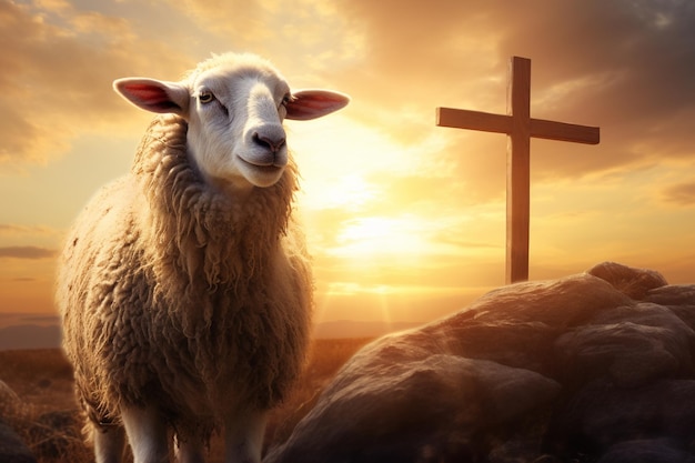 Photo sheep with cross on the background at sunset