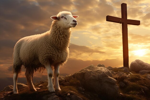 Sheep with cross on the background at sunset