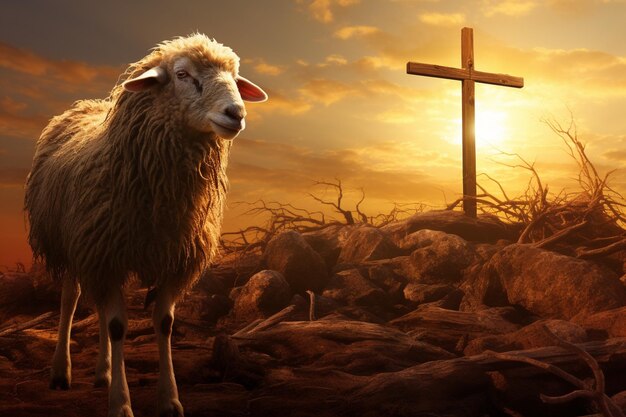 Photo sheep with cross on the background at sunset