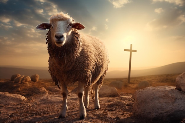 Photo sheep with cross on the background at sunset