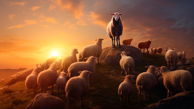 夕暮れの背景に十字架を掲げた羊