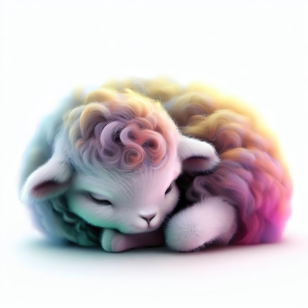 A sheep with curly hair and a rainbow colored head is laying down.