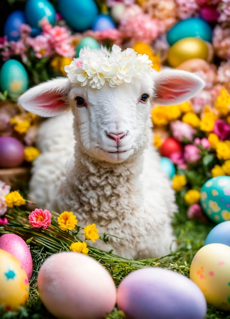 Фото Овцы с пасхальными яйцами на луге