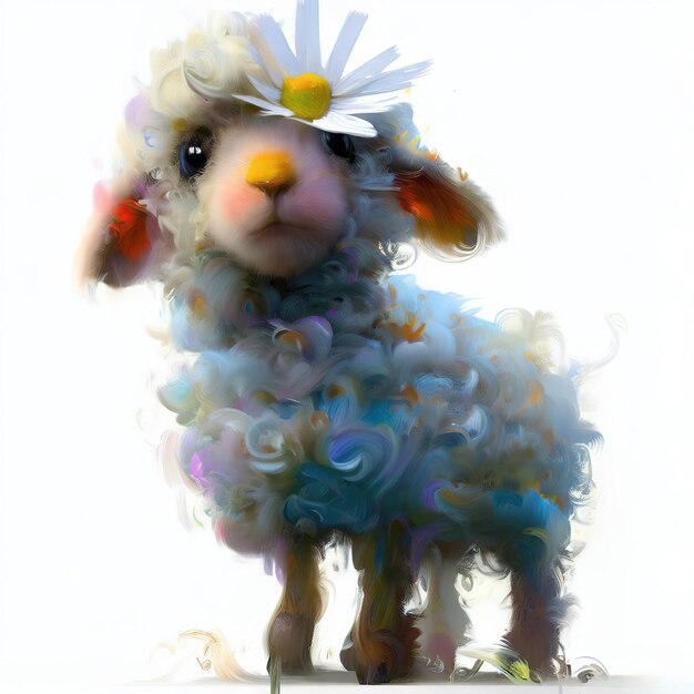 A sheep with a flower on its head is painted in a cartoon style.