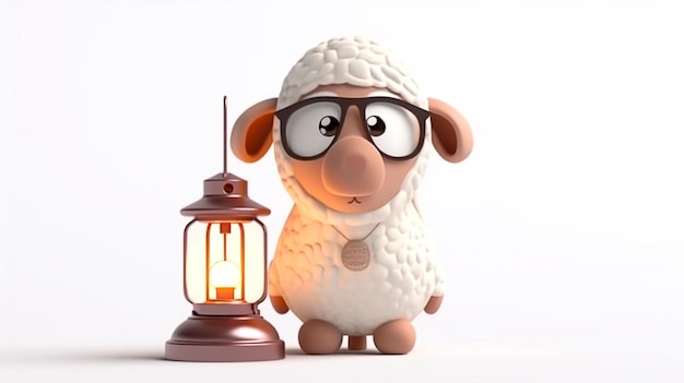 Photo sheep with glasses and arabic lamp lantern eid adha banner with copy space generative ai