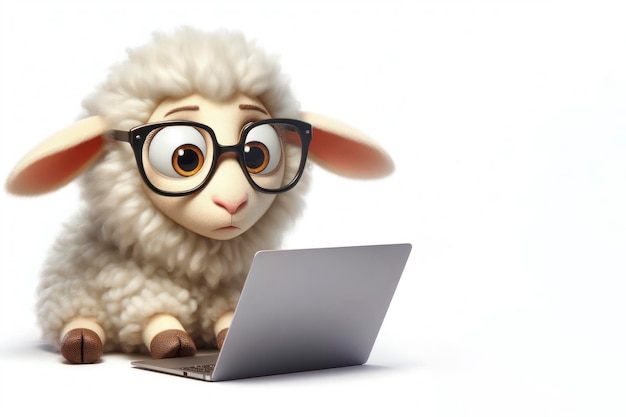 овцы с очками и удивленный взгляд на ее лице смотрит на ноутбук на белом фоне