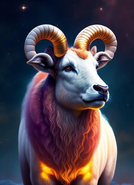 A sheep with horns and a blue background