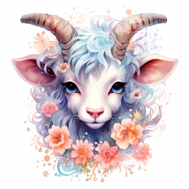 a sheep with horns and flowers on it.