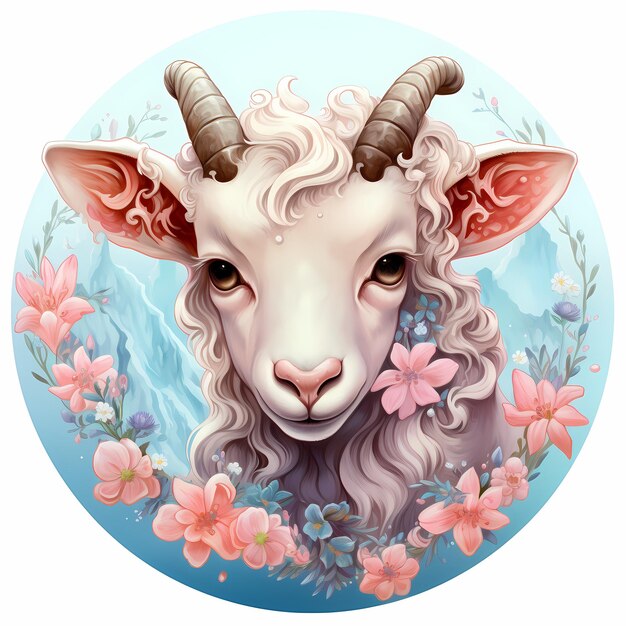 a sheep with horns and horns is shown with flowers in the background.