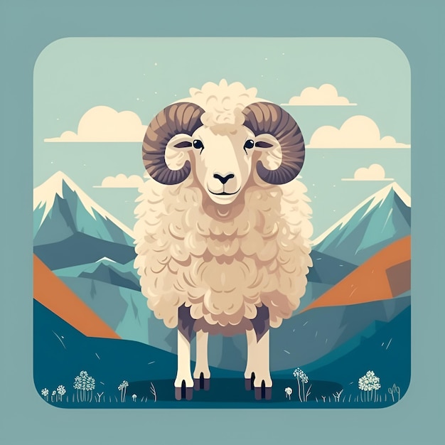 A sheep with horns is standing in a field with mountains in the background.