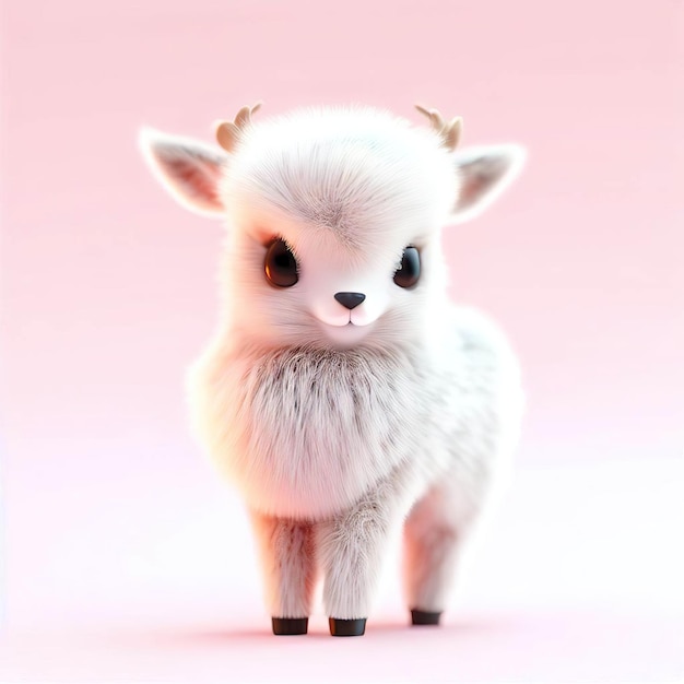 A sheep with horns is standing on a pink background.