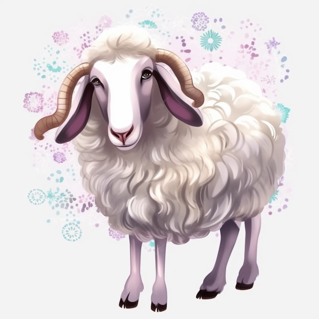 A sheep with horns and a pink background with snowflakes.