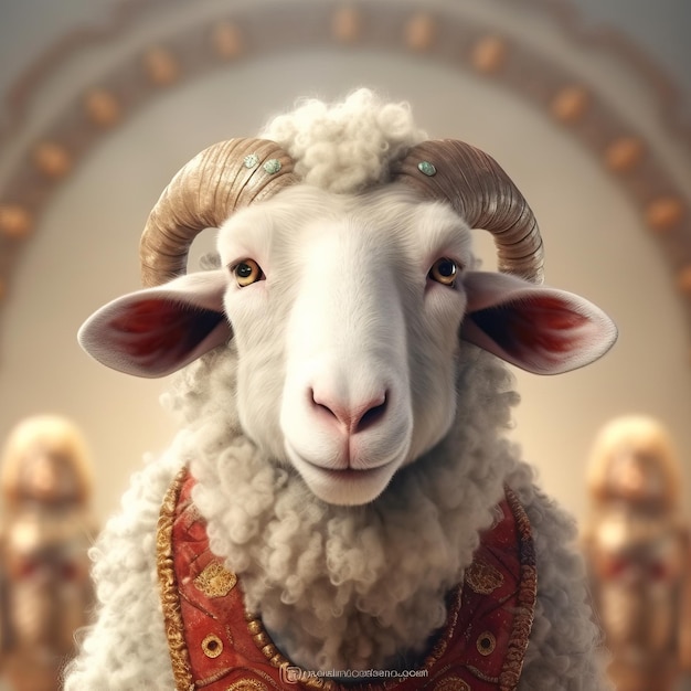 A sheep with horns and a red top has a gold ring around its neck