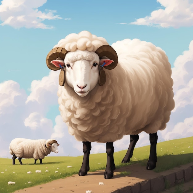 a sheep with horns stands on a grassy hill.