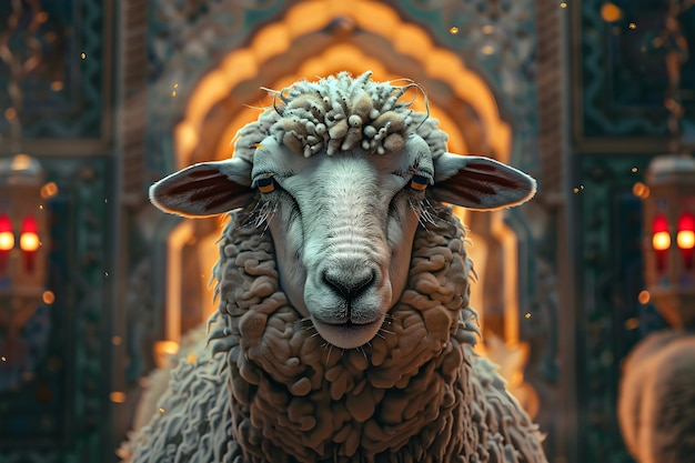 Фото Овца с исламским фонарем на заднем плане для дизайна пост о продаже ид аль-адха для социальных сетей