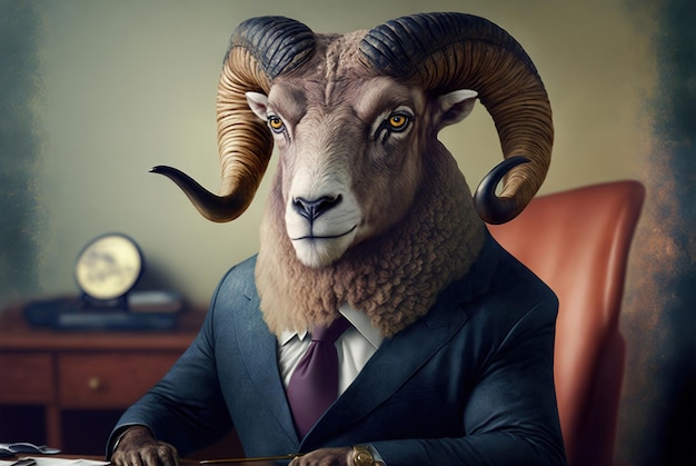 A sheep with large horns sits in a suit.