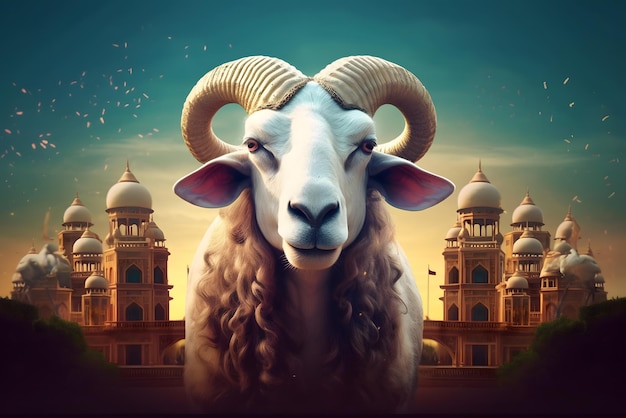 A sheep with large horns stands in front of a building with a blue sky in the background.