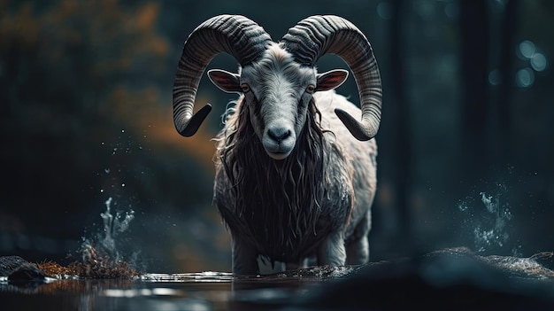 A sheep with large horns stands in a pond.