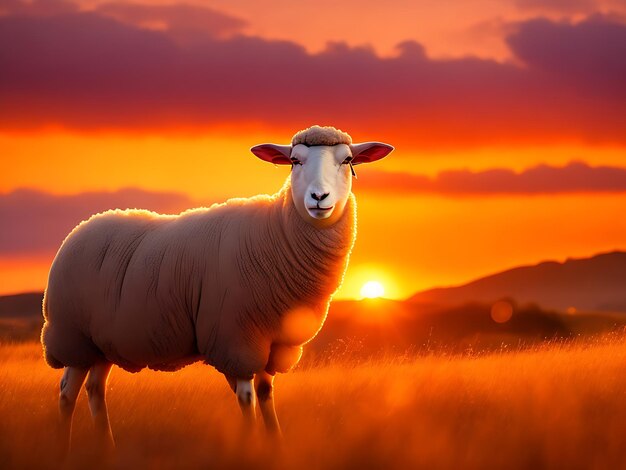 A sheep with a low light sunset behind it