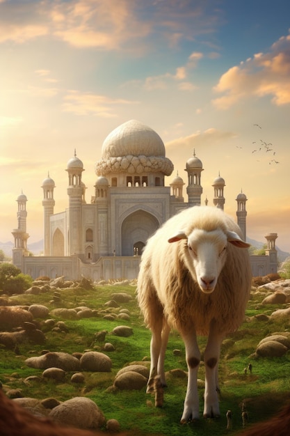 sheep with mosque background