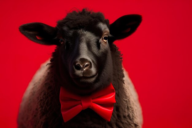 A sheep with a red bow tie on it