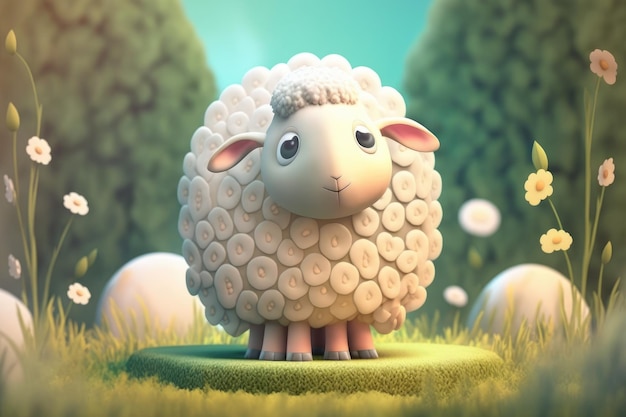 A sheep with a sad face stands on a green lawn.