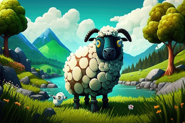 A sheep with a sheep on the face is standing in a field.