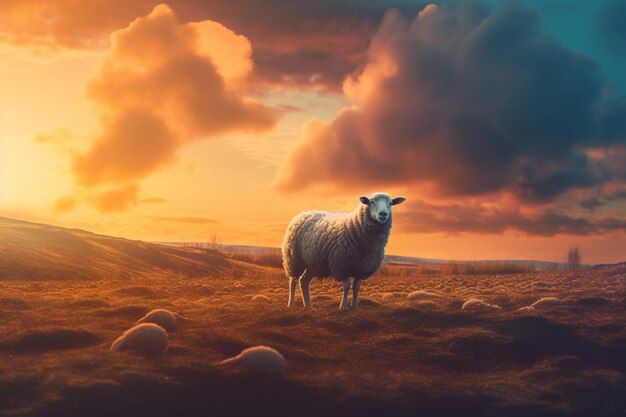 A sheep with a sunset behind it