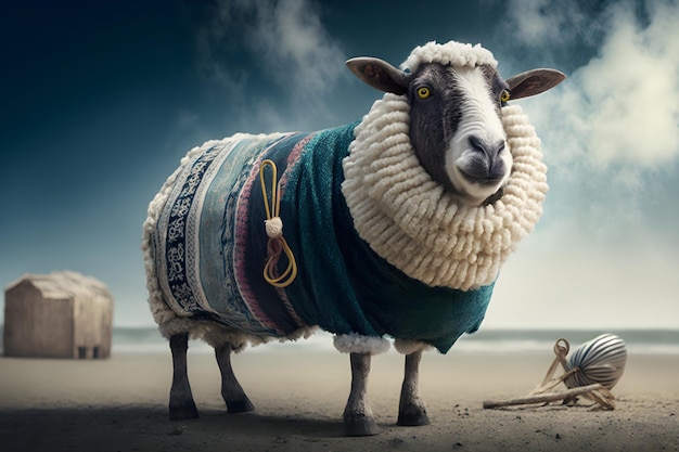 A sheep with a sweater that says'sheep'on it