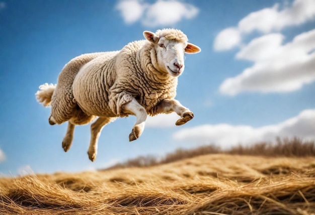 овца с ярлыком на ухе бежит по полю сена