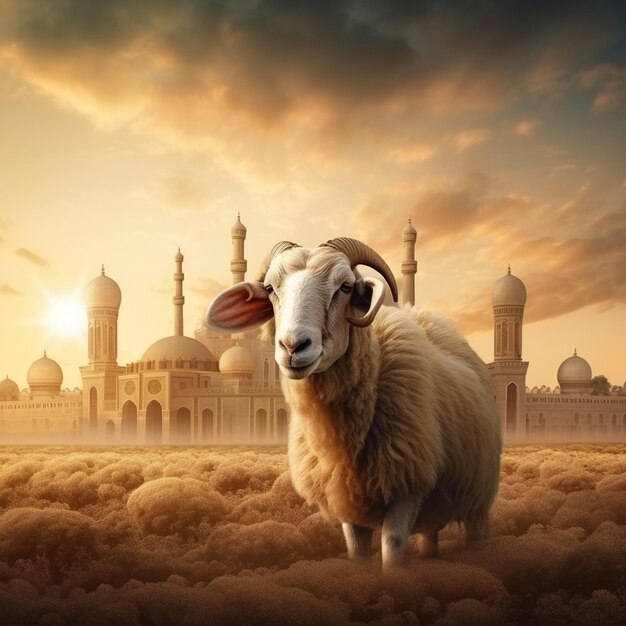 Photo a sheep with a tag in its ear stands in front of a mosque