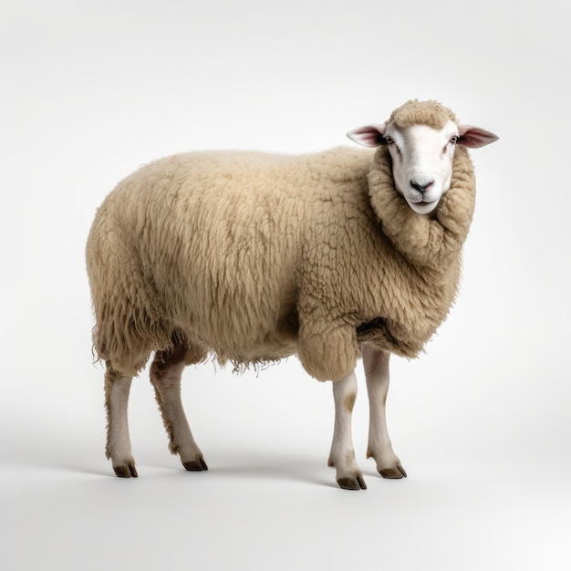 Photo a sheep with a white face and a black nose is standing in front of a white background.