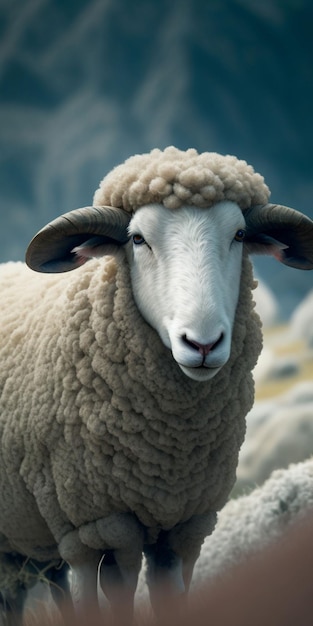 A sheep with a white face and a black nose