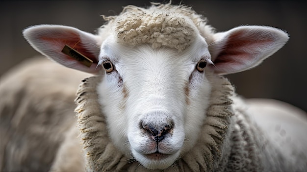 A sheep with a white face and a brown nose